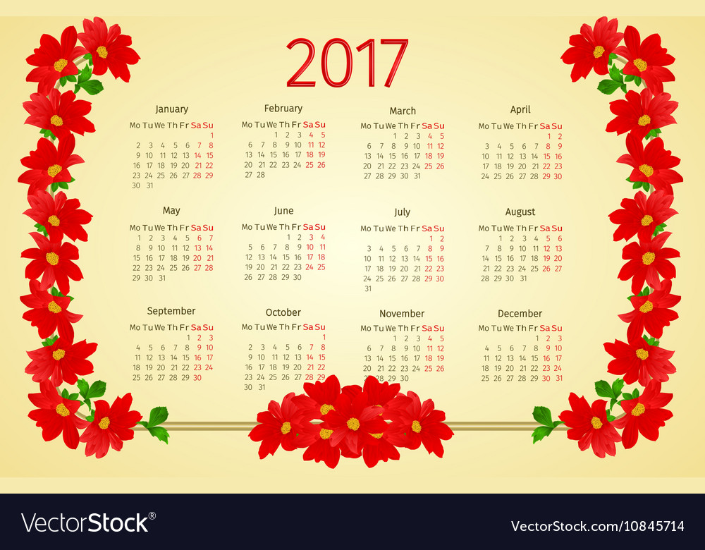 Calendar 2017 with red dahlia vintage Royalty Free Vector