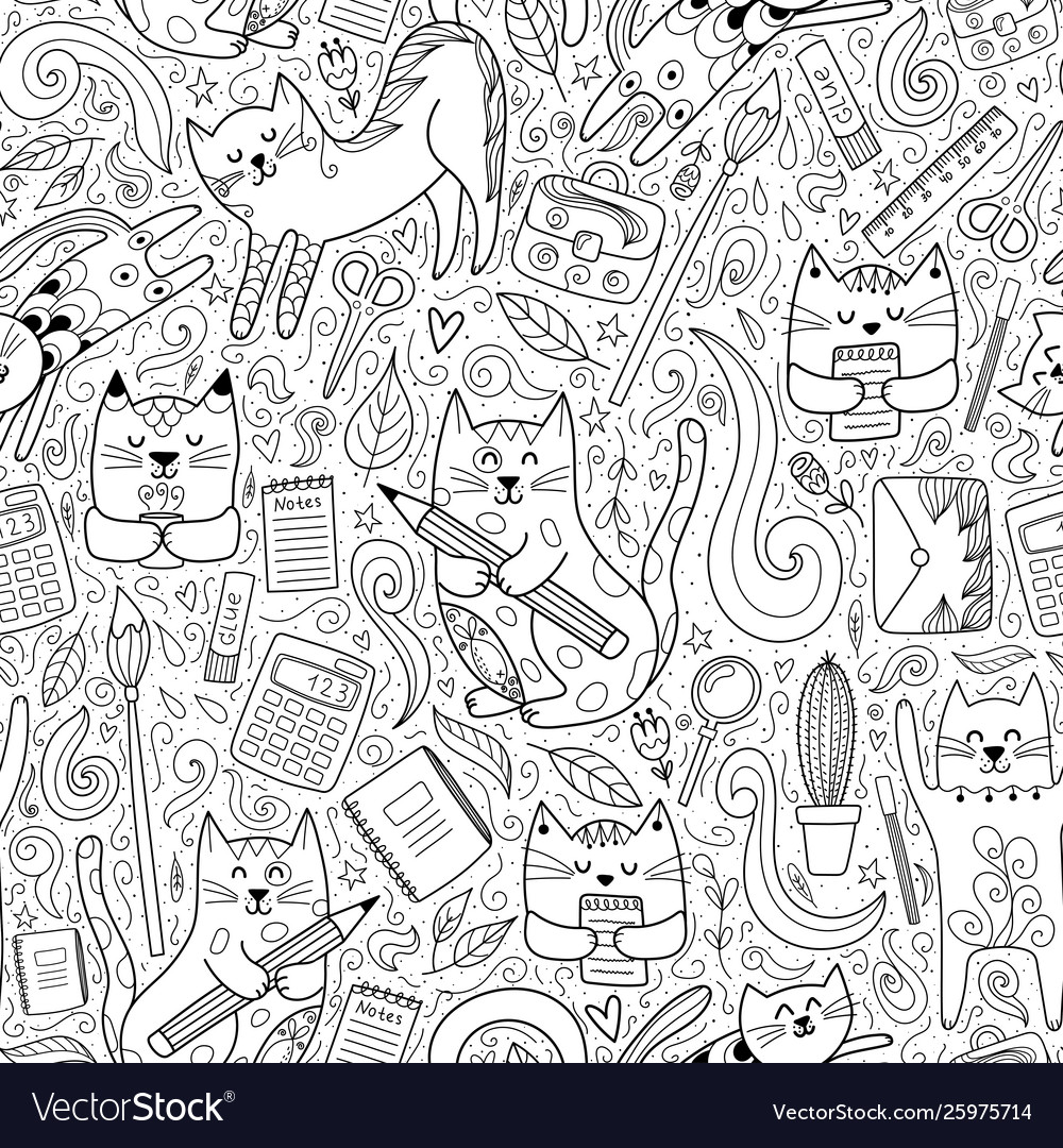 Cats go to school funny seamless pattern coloring vector image Cats go to school funny seamless pattern coloring