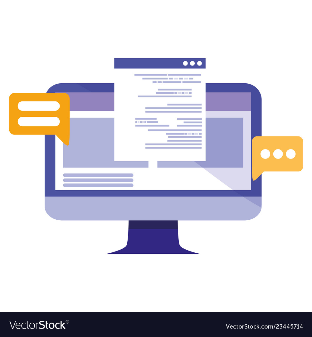 Computer with documents and speech bubble