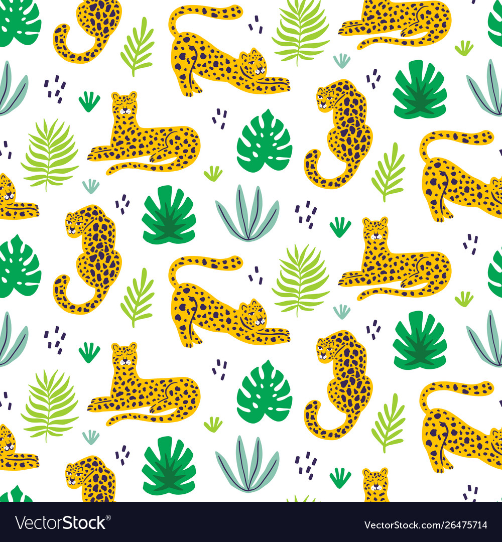 Leopard and tropical leaves jungle pattern vector image Leopard and tropical leaves jungle pattern