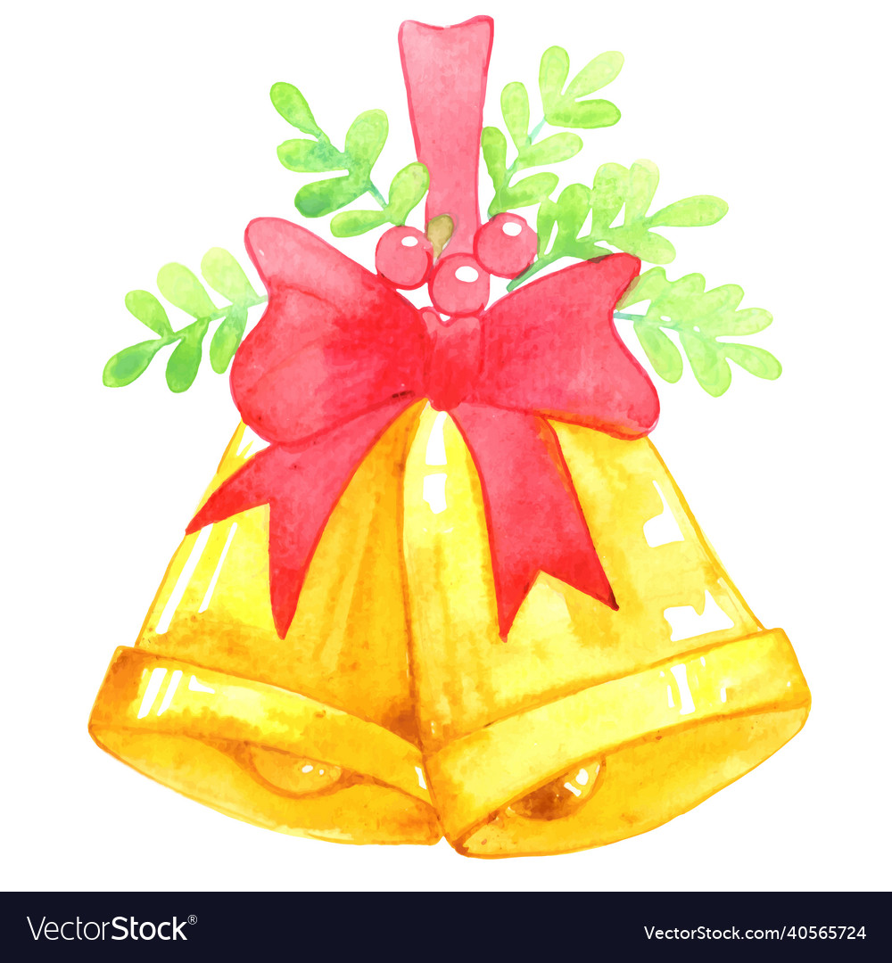 Christmas bell with bow and fern watercolor Vector Image