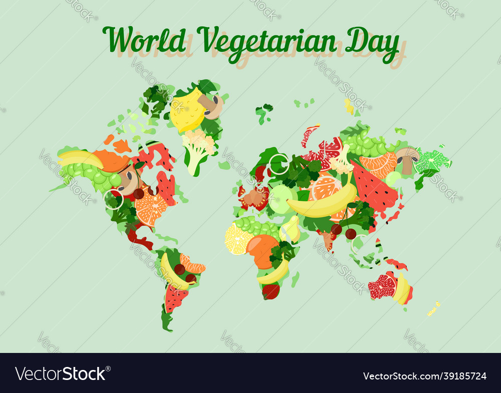 World vegetarian day map with fruits and veggies