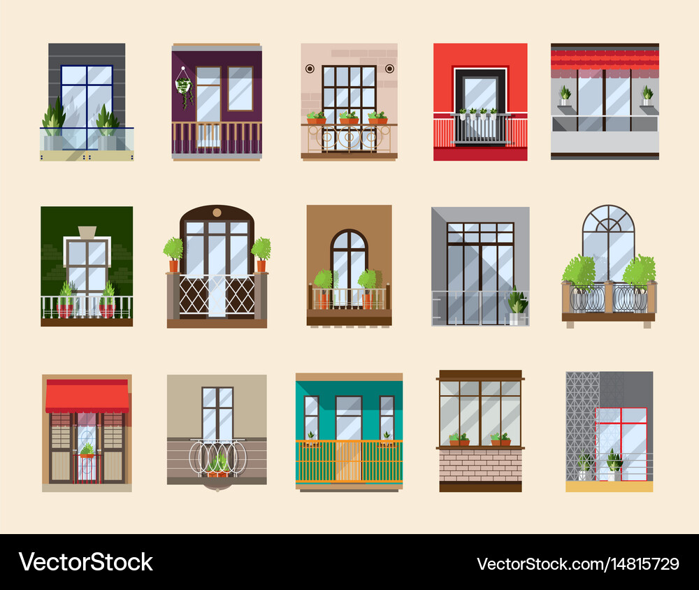 Balconies set collection with building facade Vector Image