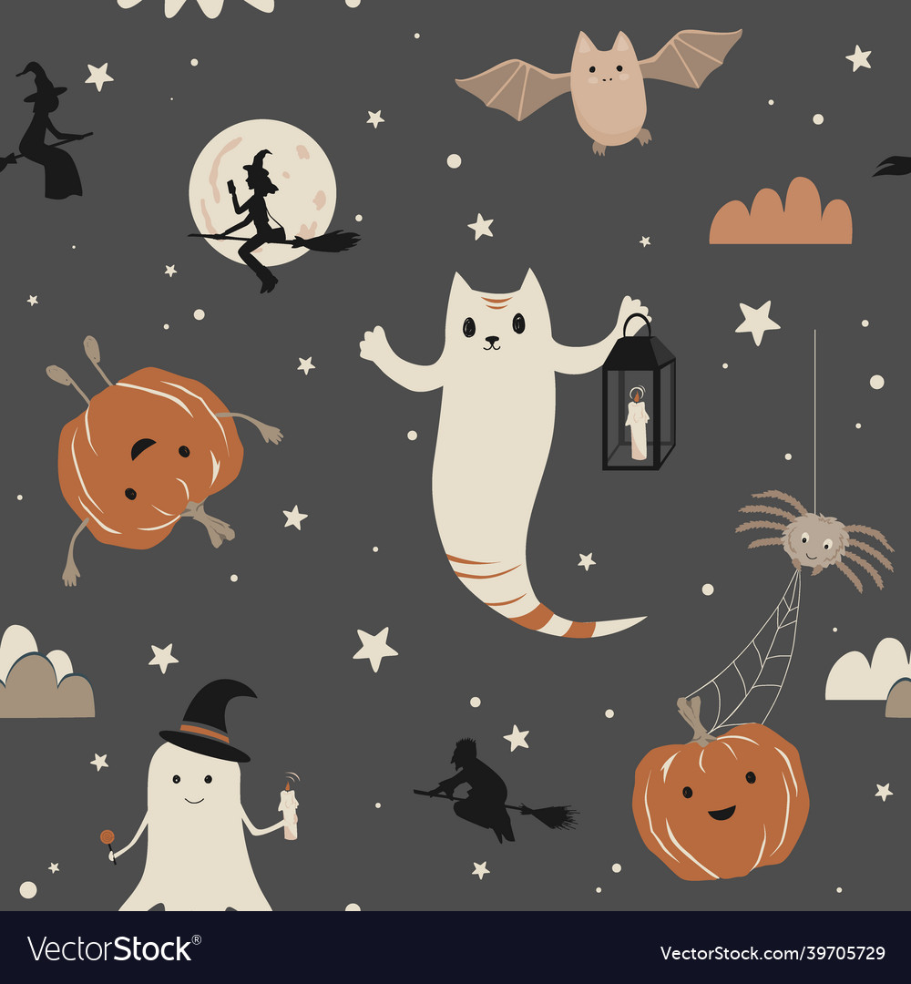 Cute halloween seamless pattern with ghosts bats vector image Cute halloween seamless pattern with ghosts bats