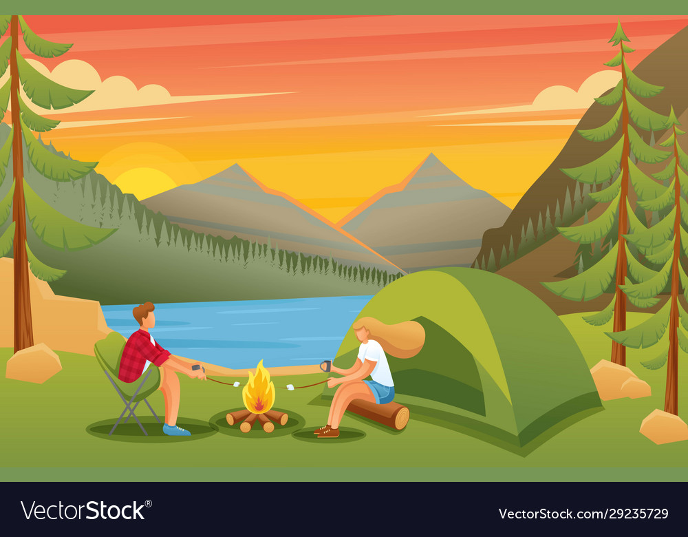 People around fire fry marshmallows Royalty Free Vector