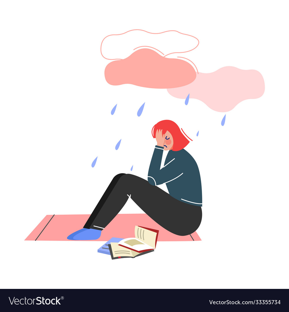 Depressed teen girl sitting under rain cloud