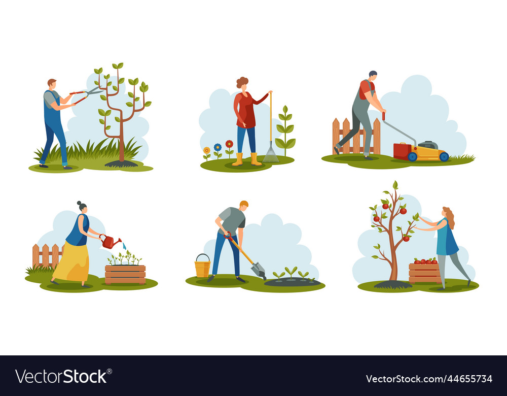 People gardening cartoon characters working Vector Image