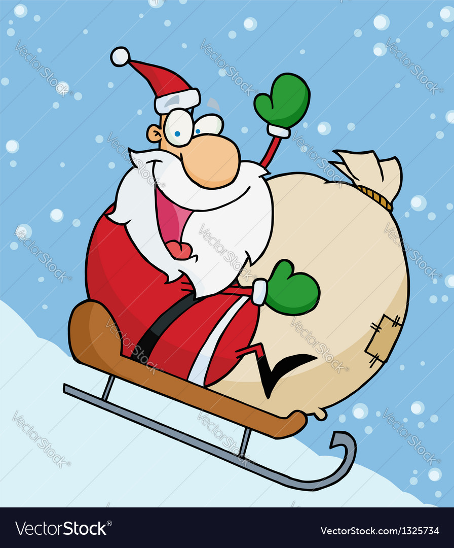 Santa waving and sledding with his toy sack Vector Image