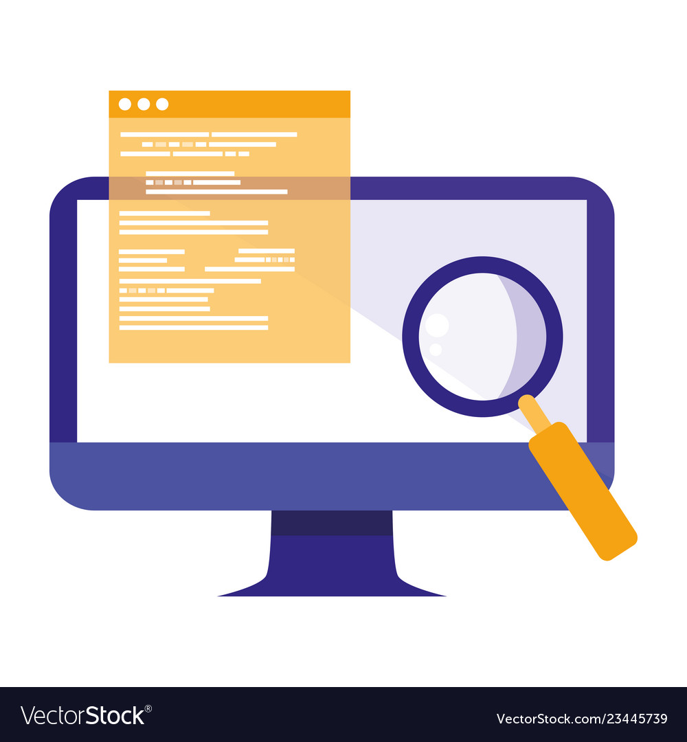 Computer with documents and magnifying glass