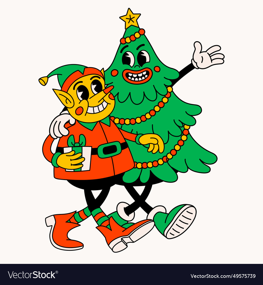 Retro cartoon christmas tree and elf groovy Vector Image