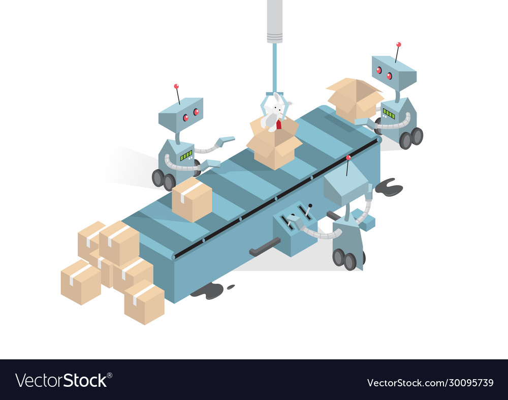 Robots work on conveyor vector image Robots work on conveyor