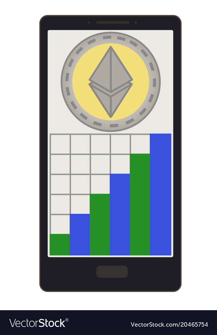 Ethereum coin with growth graph on a phone screen