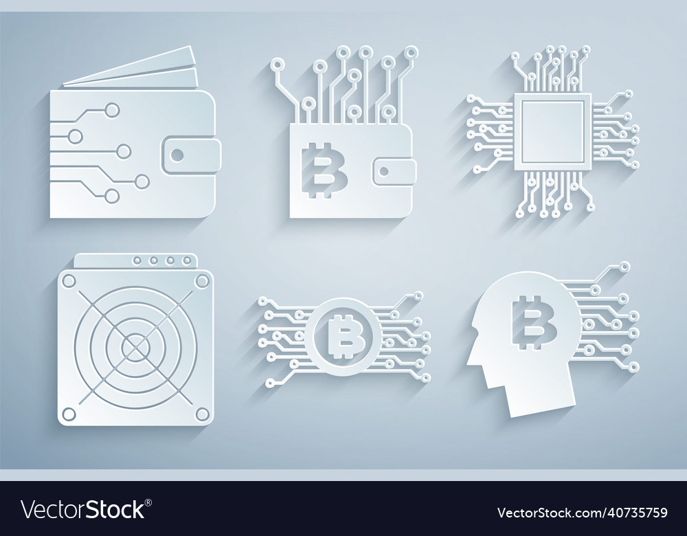 Set cryptocurrency bitcoin in circuit processor vector image Set cryptocurrency bitcoin in circuit processor