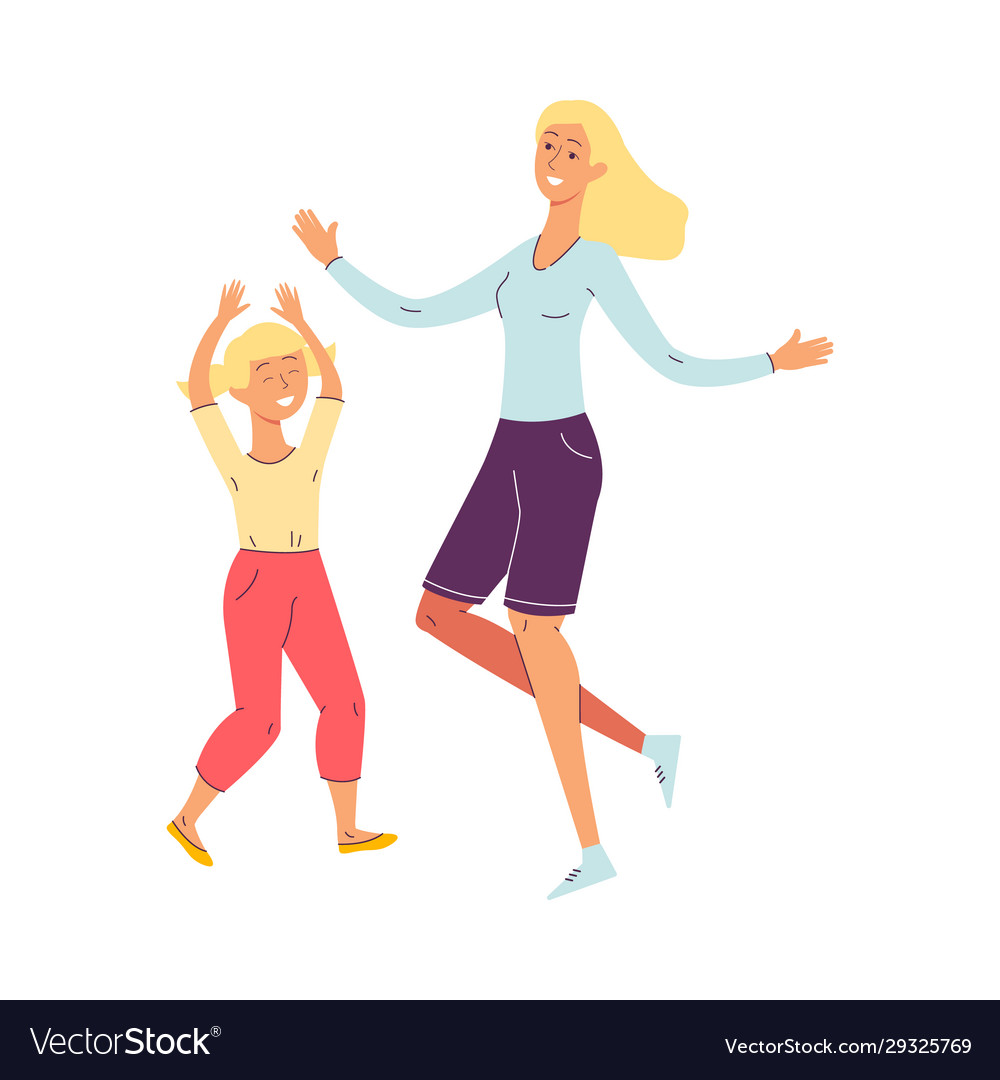 Happy cartoon mother and daughter dancing isolated