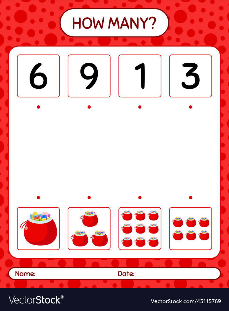 How many counting game with santas bag worksheet
