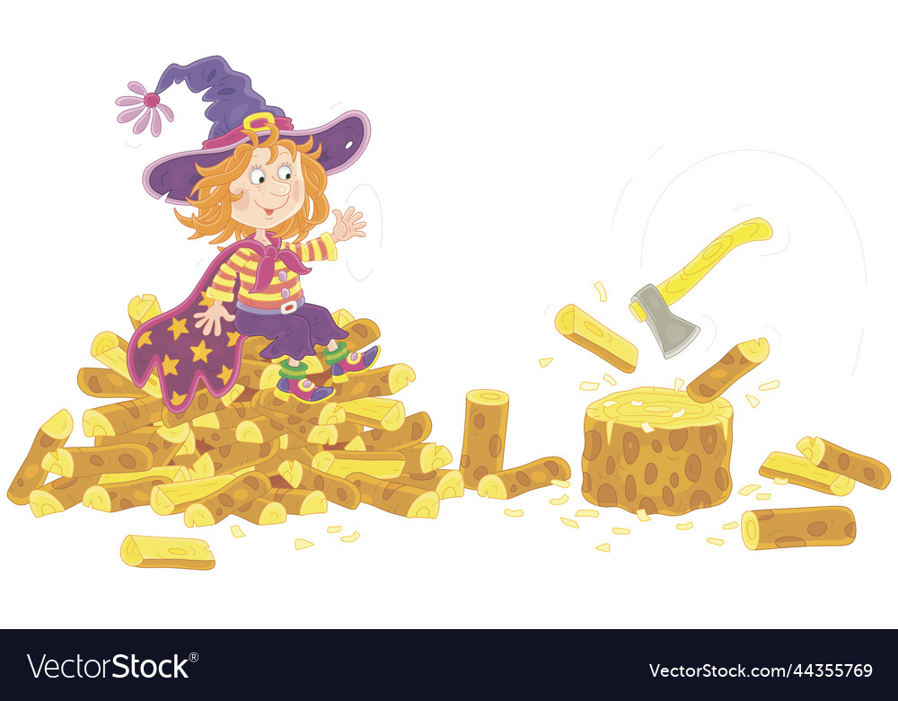 Little witch chopping firewood