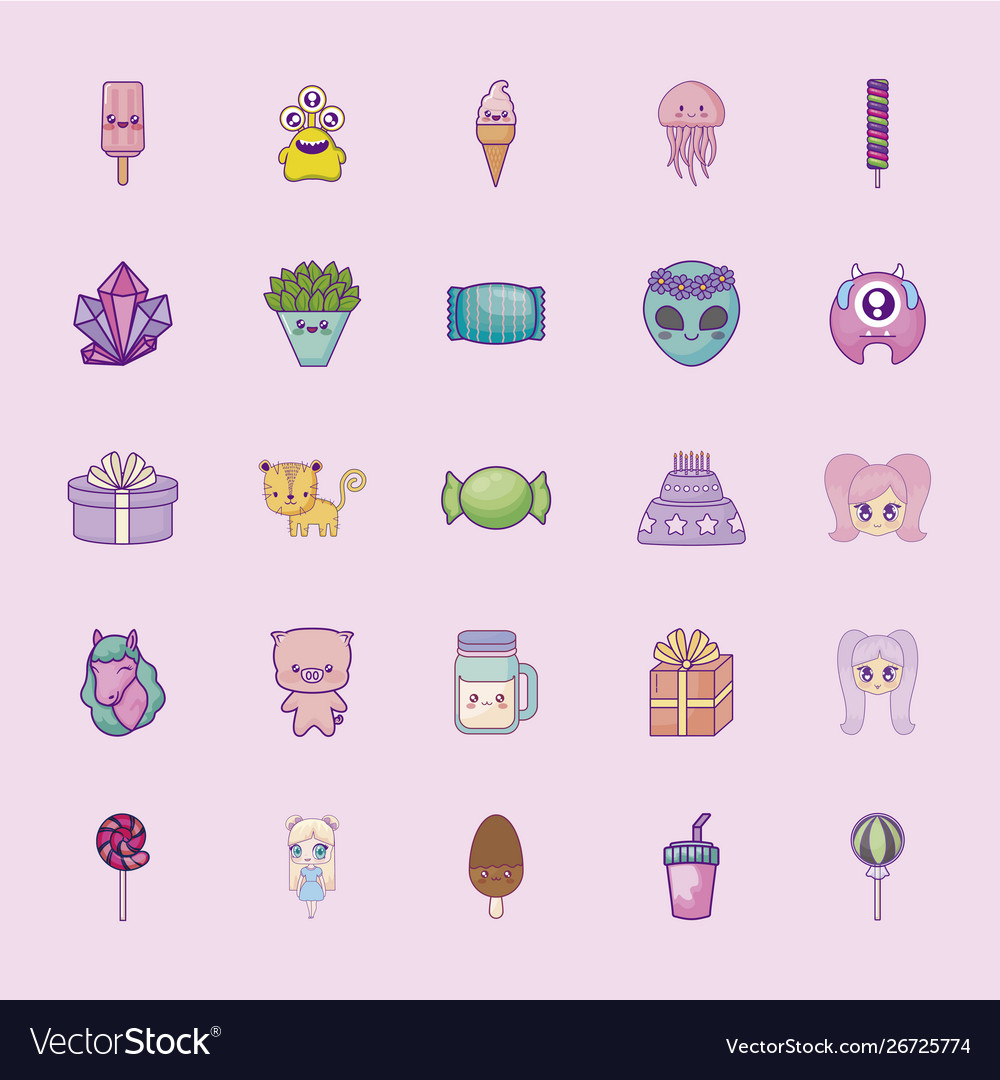 Cute set icons style kawaii Royalty Free Vector Image