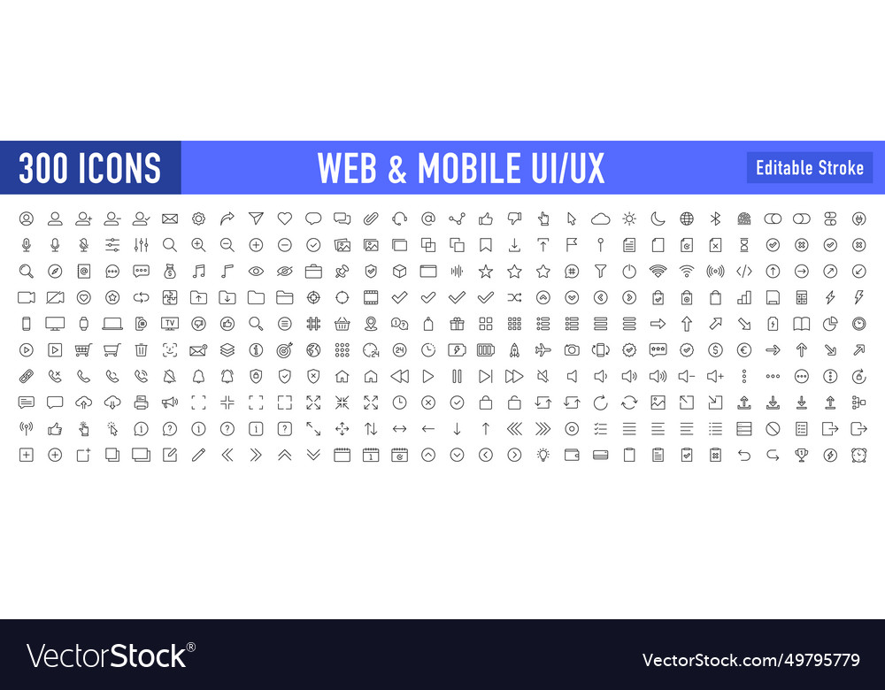 Set of 300 interface ui ux web icons in line vector image Set of 300 interface ui ux web icons in line
