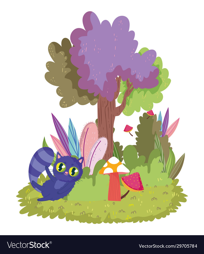 Wonderland cat mushroom tree bushes meadow Vector Image