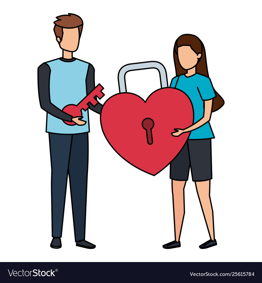 Young couple lifting padlock with heart shape Vector Image