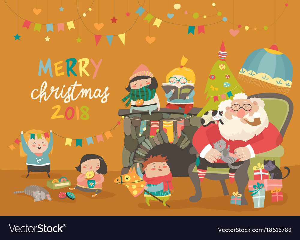 Cartoon santa claus with kids and gifts Royalty Free Vector