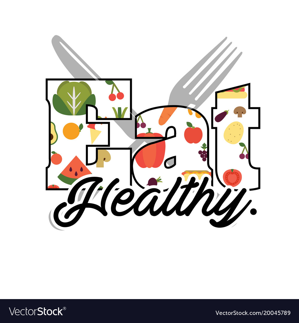 Eat healthy text fruit fork knife background