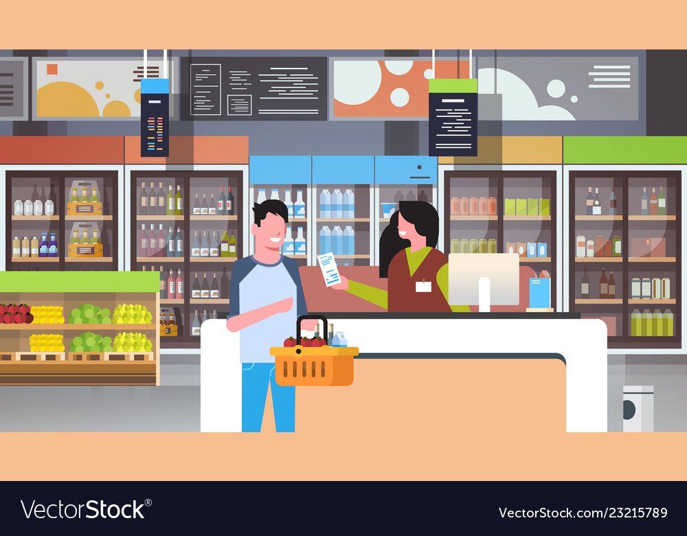 Retail woman cashier at checkout supermarket Vector Image