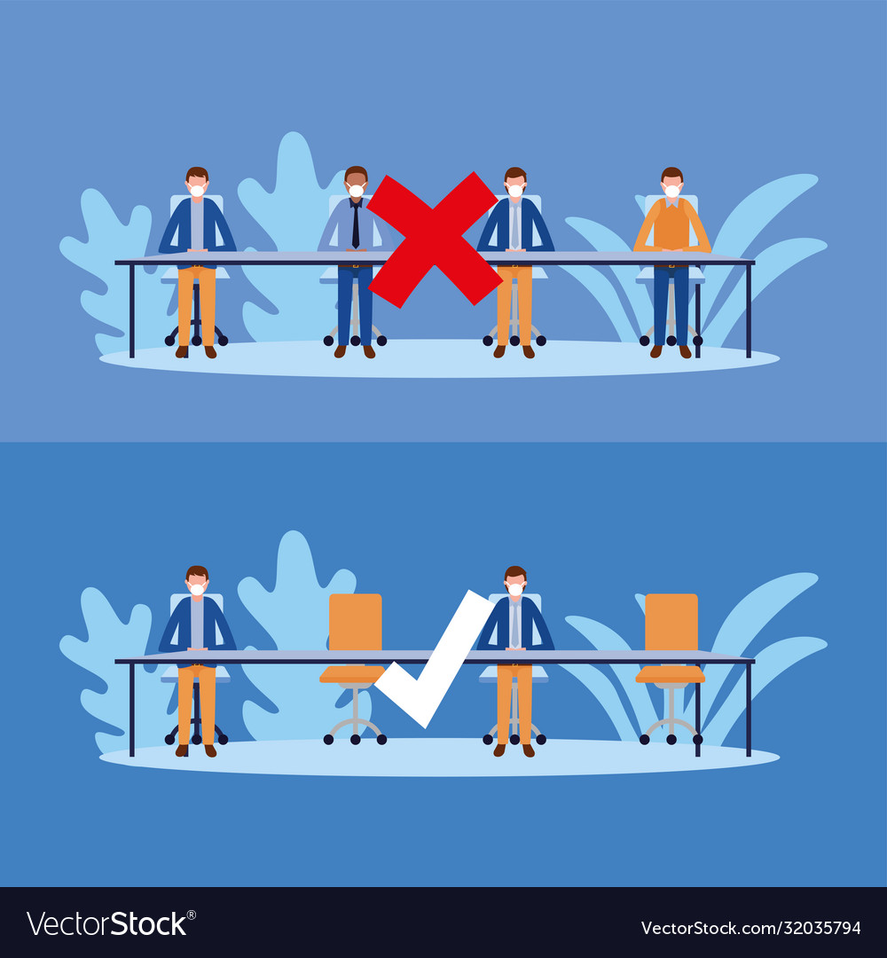 Office distancing between men with masks on table