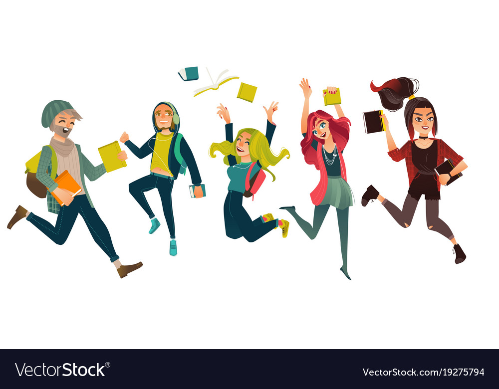 Set group of students jumping from happiness