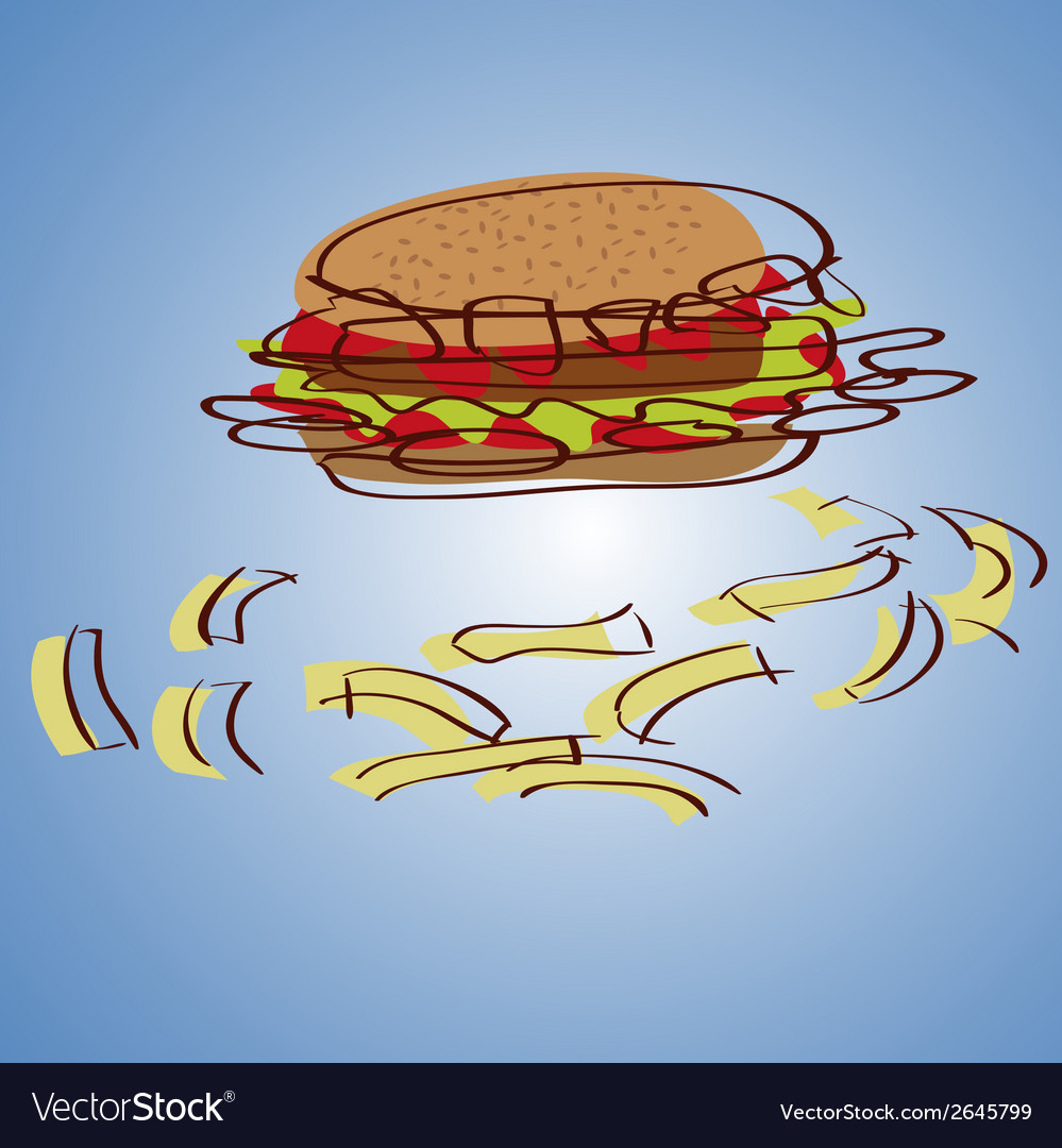 A burger and french fries in blue background