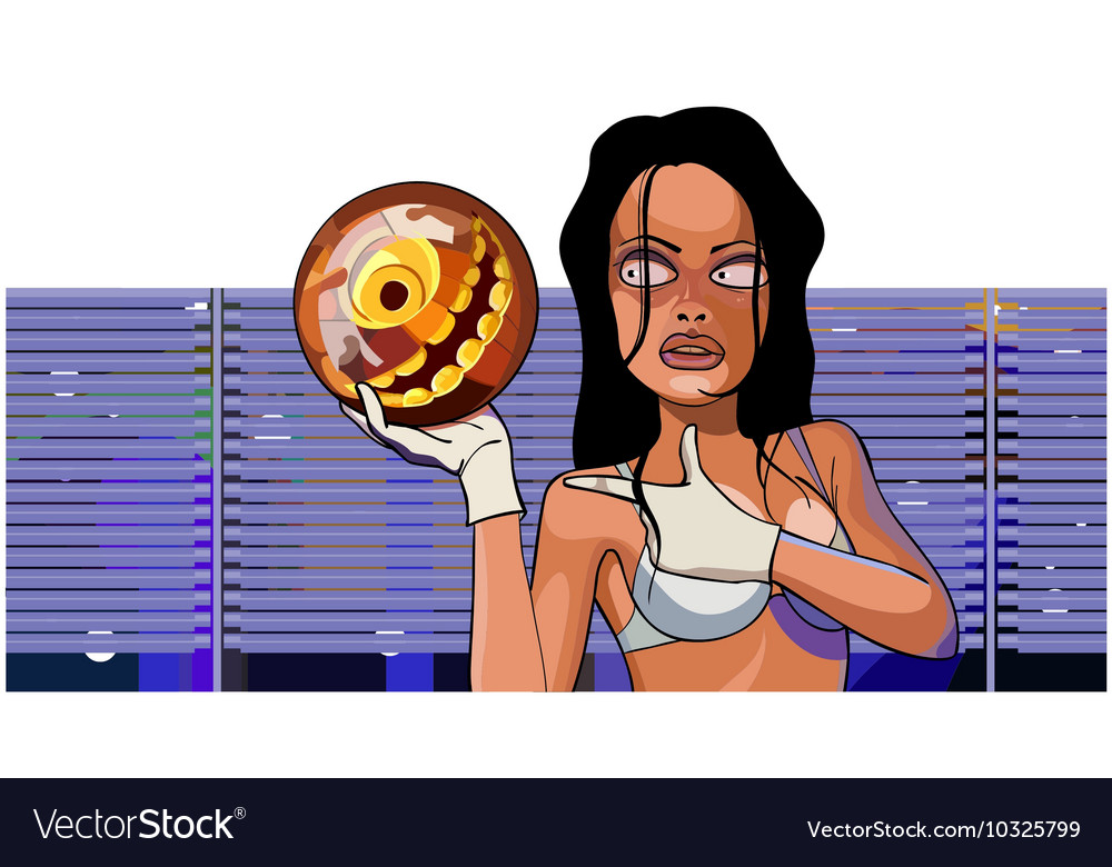 Cartoon woman stands with ball for bowling