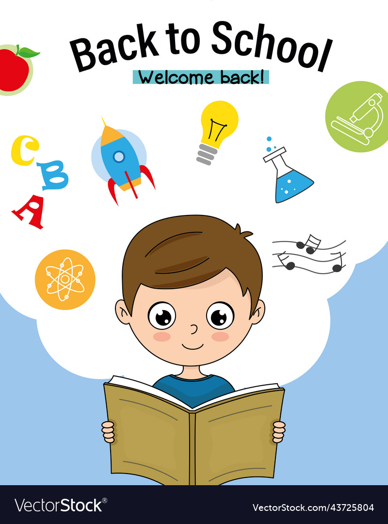 Back to school card child reading Royalty Free Vector Image