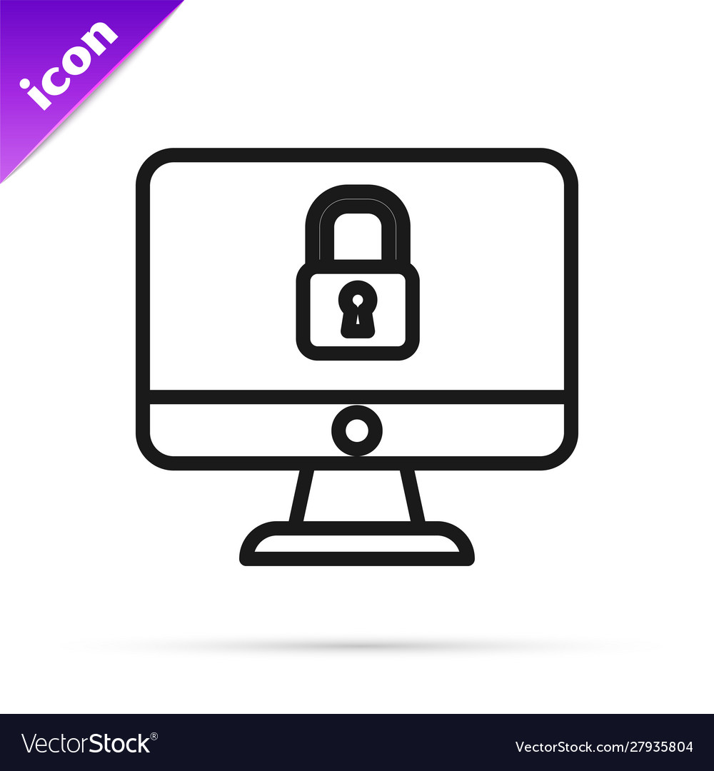 Black line lock on computer monitor screen icon