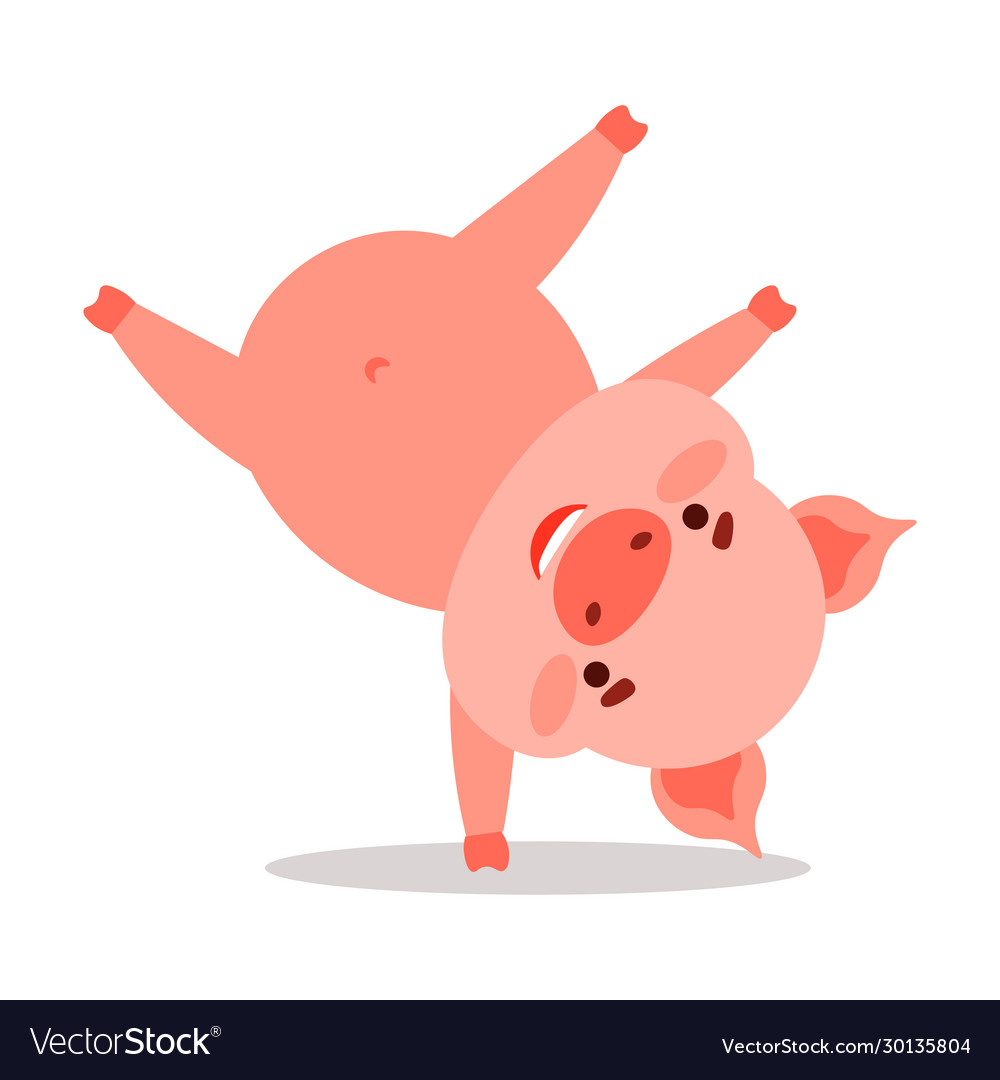 Cute pink piglet character standing upside down on