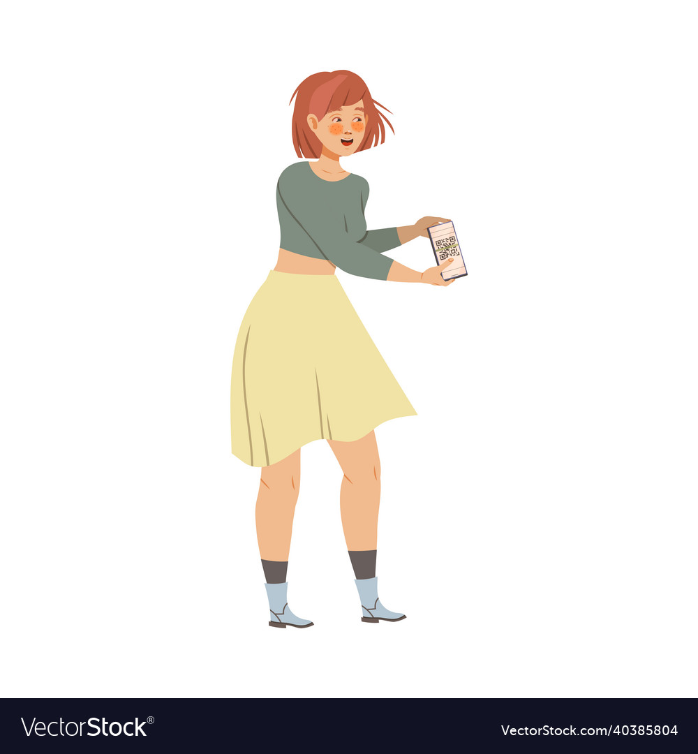 Girl scanning qr code with smartphone using vector image Girl scanning qr code with smartphone using