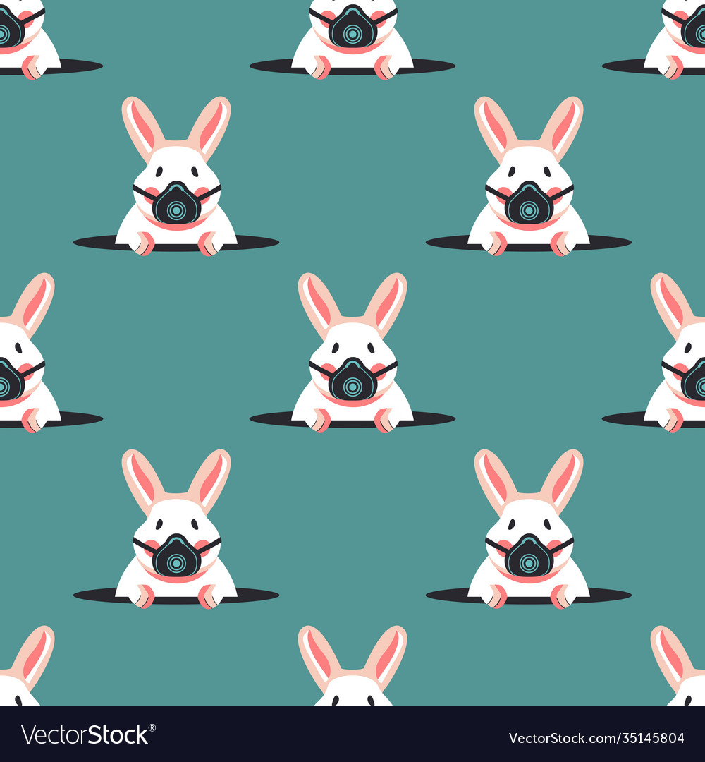 Seamless pattern with rabbits in respirators flat
