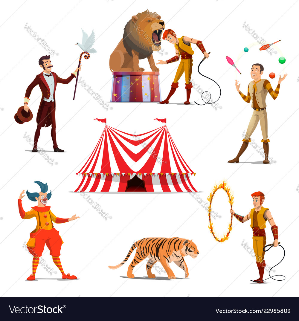 Circus big tent trainer magician clown juggler Vector Image