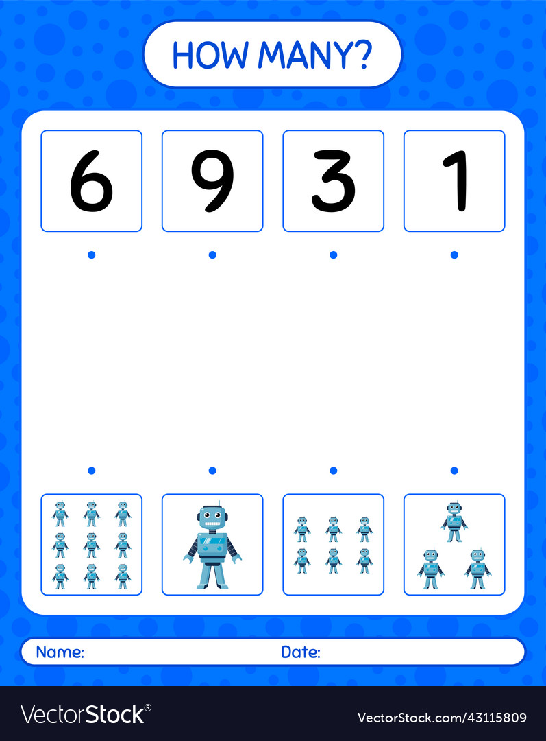 How many counting game with robot toy worksheet vector image How many counting game with robot toy worksheet
