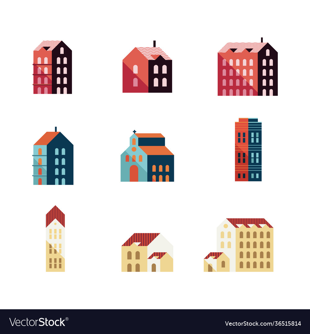 Bundle nine buildings minimal city set icons