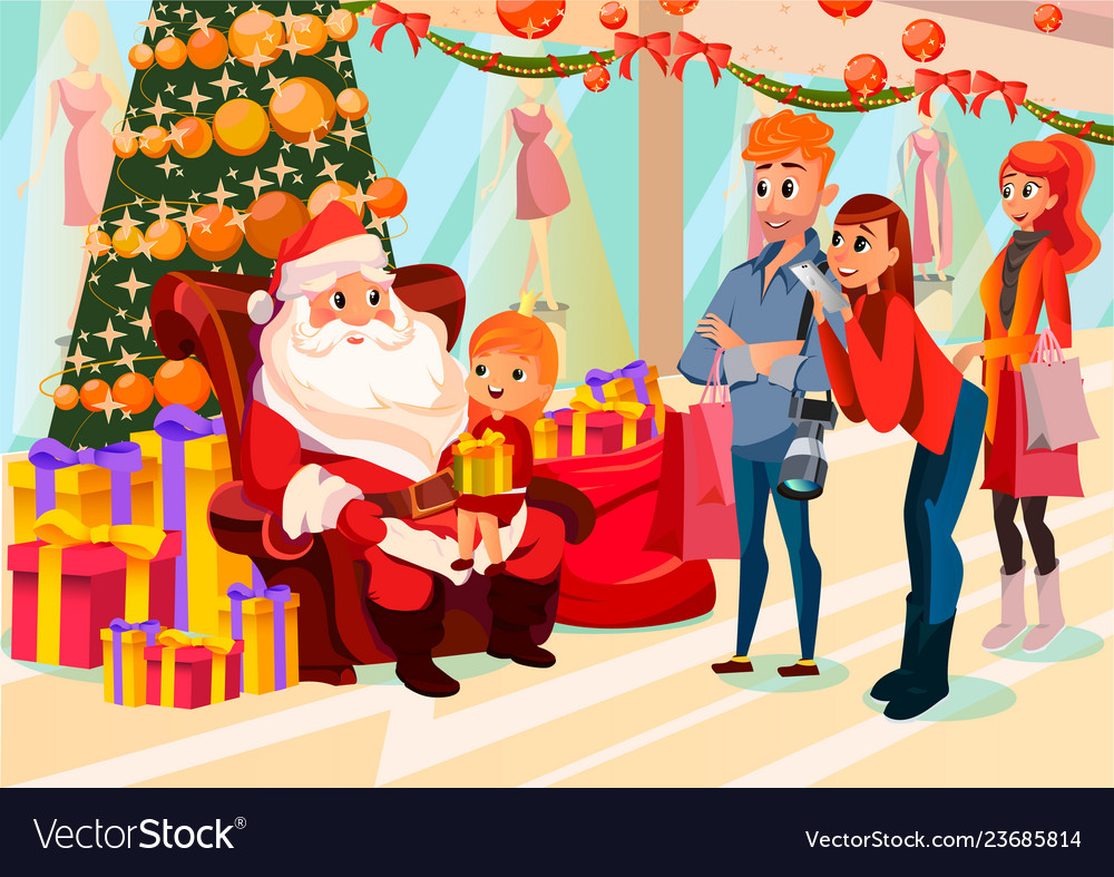 Kid sitting with santa in mall parents take photo