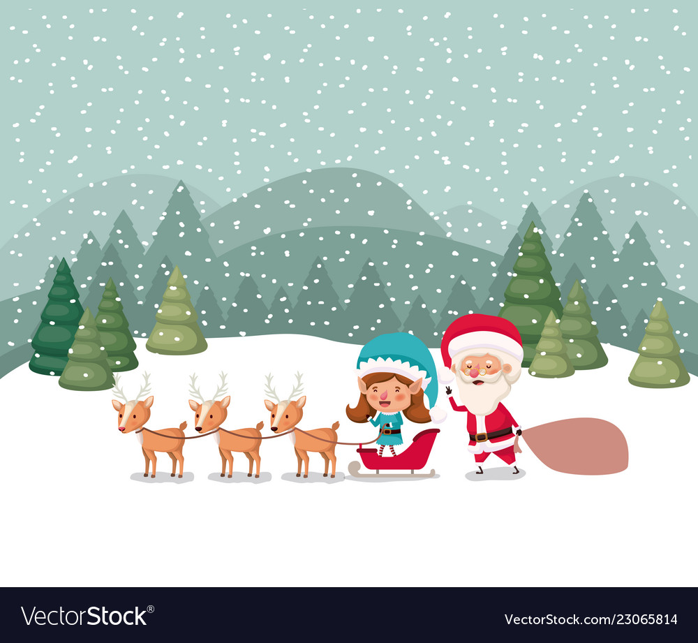 Santa claus and girl helper with sled reindeer