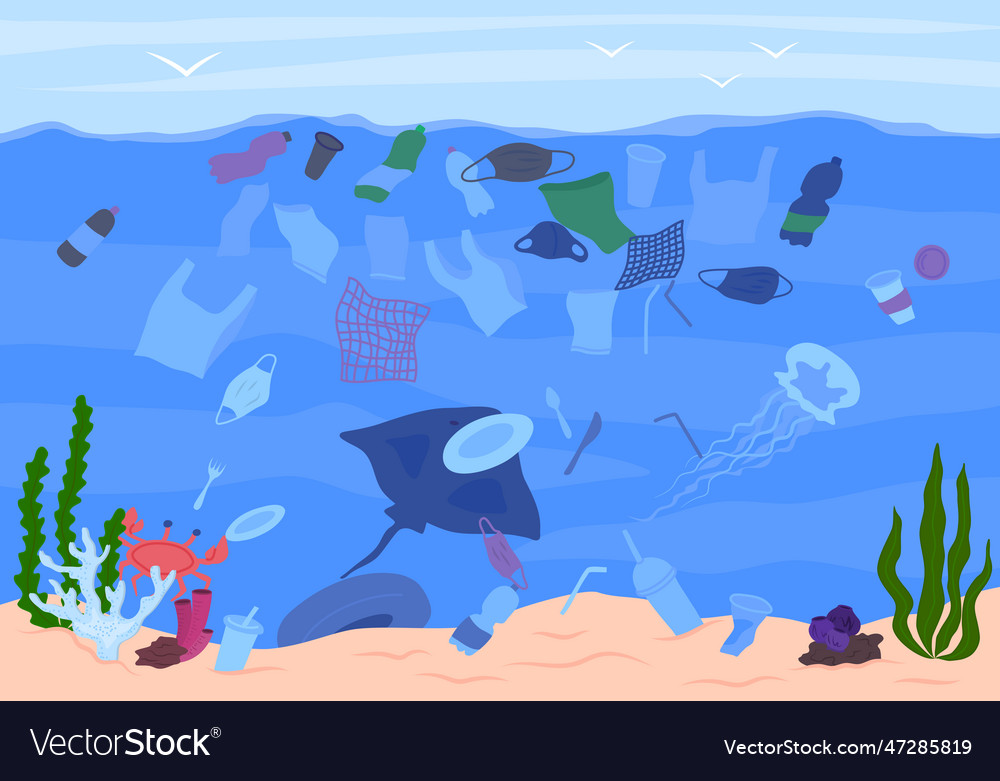 Cartoon color garbage in sea scene concept Vector Image