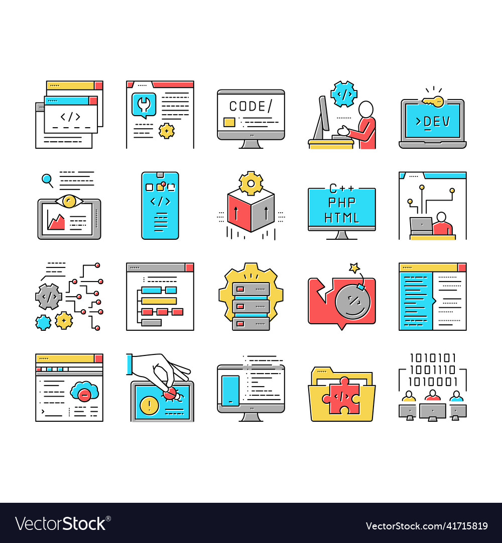 Dev code occupation collection icons set vector image Dev code occupation collection icons set