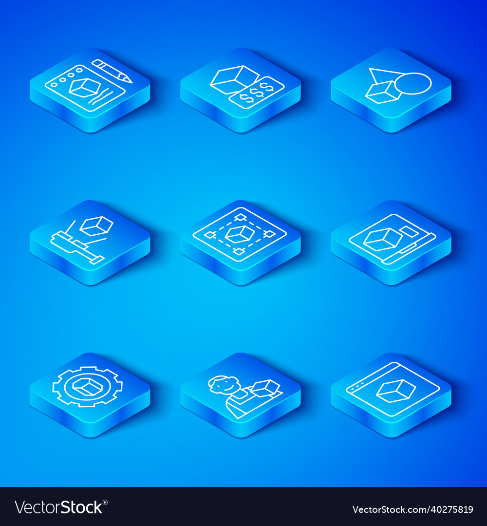 Set line 3d printer setting geometric figure cube vector image Set line 3d printer setting geometric figure cube