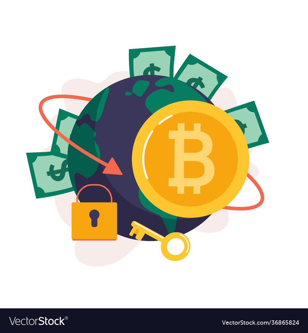 Bitcoin coin on background planet vector image Bitcoin coin on background planet