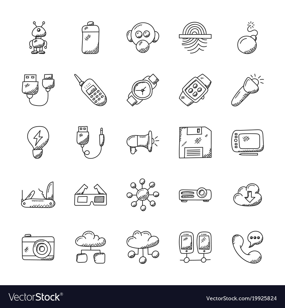 Paket der Technologie Erfindungen Doodle Icons