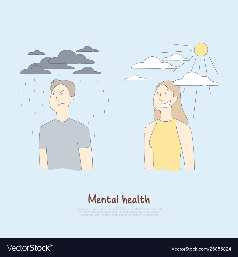 Sad man under raining clouds and happy woman