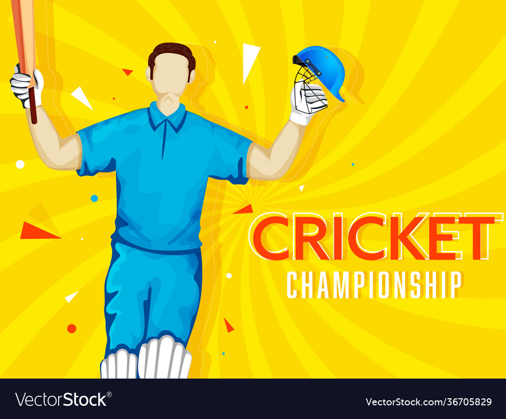 Cartoon batsman player in winning pose on yellow