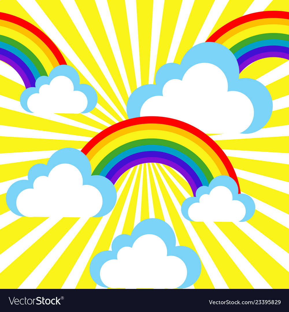 Cartoon sky with rainbows and clouds