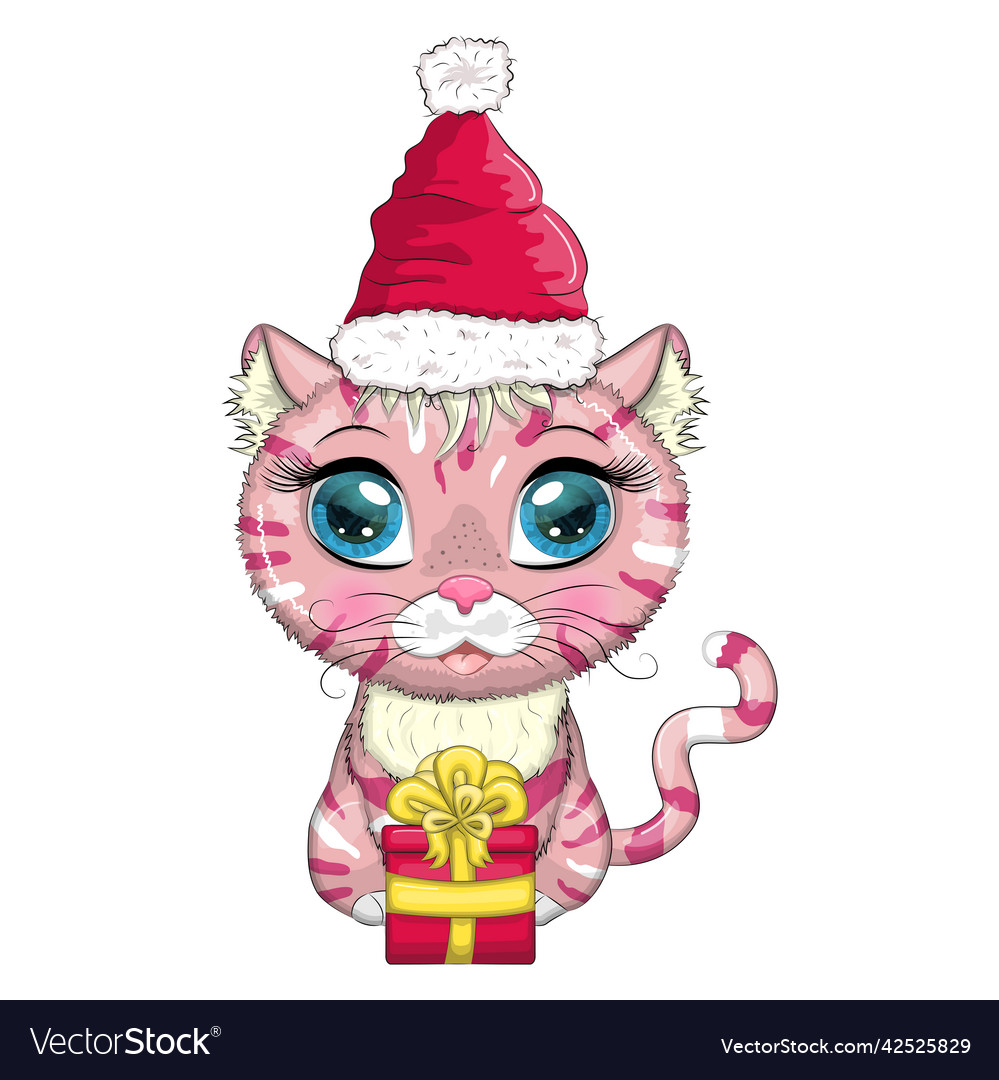 Süße Cartoon Katze in Santa Hut mit Geschenk Weihnachten